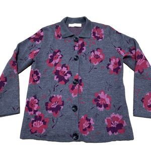 Camela Merino Wool Button Collar Cardigan Women 40 Gray Red Rose Floral Romantic